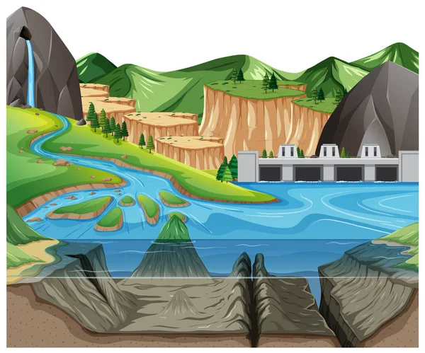 湖と山の背景イラストの水中自然シーンの風景 — ストックベクタ