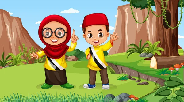 Brunei Kinderen Draagt Traditionele Kleren Het Bos Scène Illustratie — Stockvector