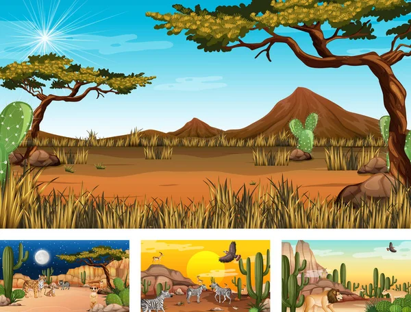 Διαφορετικές Δασικές Σκηνές Της Ερήμου Ζώα Και Φυτά — Διανυσματικό Αρχείο