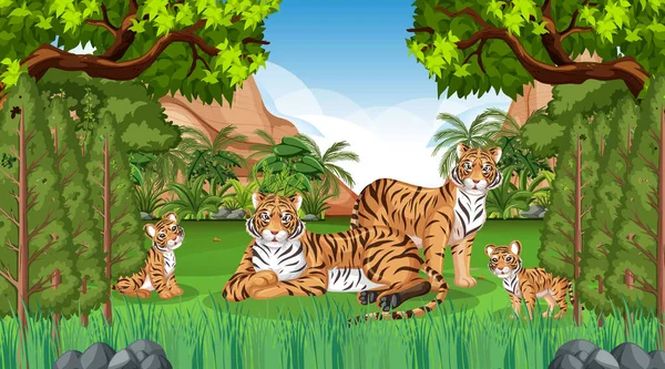 Famiglia Tigre Nella Foresta Nella Foresta Pluviale Scena Con Molti — Vettoriale Stock