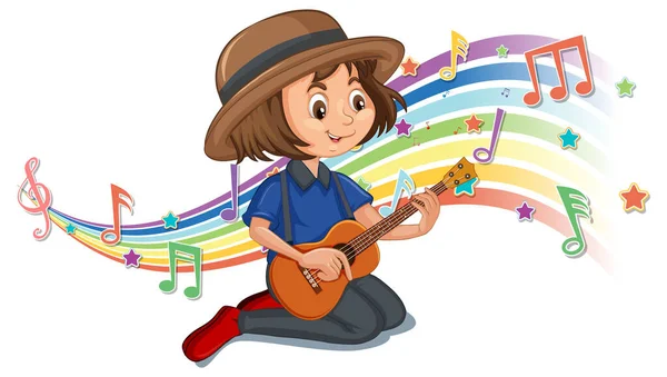 Chica Tocando Guitarra Con Símbolos Melodía Ilustración Onda Arco Iris — Vector de stock
