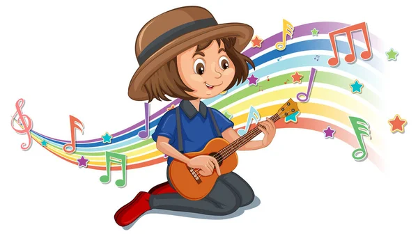 Chica Tocando Guitarra Con Símbolos Melodía Ilustración Onda Arco Iris — Archivo Imágenes Vectoriales