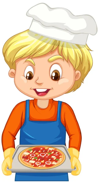 Γελοιογραφία Χαρακτήρα Ενός Αγοριού Σεφ Κρατώντας Ένα Δίσκο Της Εικονογράφησης — Διανυσματικό Αρχείο