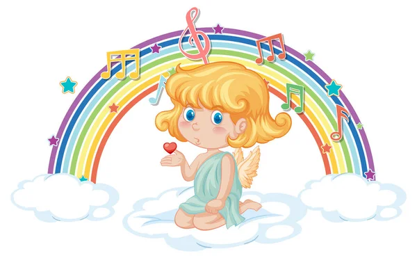 Cupido Ragazza Sulla Nuvola Con Simboli Melodia Arcobaleno Illustrazione — Vettoriale Stock