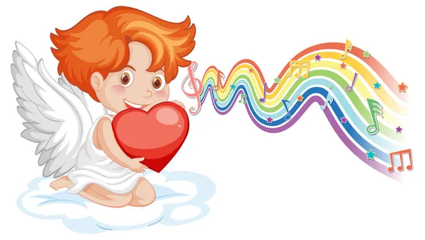 Cupido Ragazzo Che Tiene Cuore Con Simboli Della Melodia Arcobaleno — Vettoriale Stock