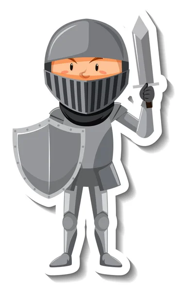 Cavaleiro Armadura Com Espada Escudo Desenho Animado Etiqueta Ilustração — Vetor de Stock