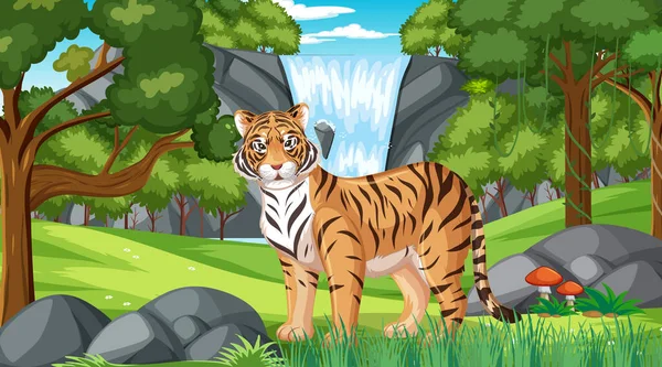 Tigre Escena Del Bosque Selva Tropical Con Muchos Árboles Ilustración — Vector de stock