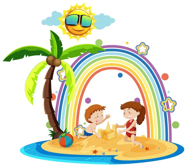 Regenbogen Auf Der Insel Mit Kindern Bauen Sandburg Illustration — Stockvektor