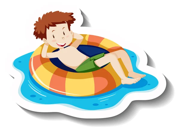 Young Man Laying Swimmimg Ring Cartoon Sticker Illustration — Stock Vector