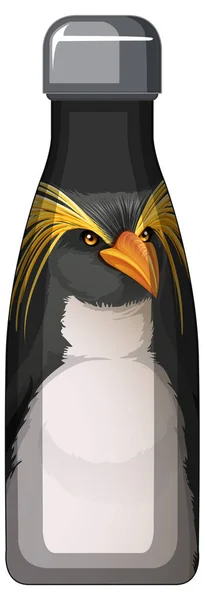 Una Botella Termo Negro Con Ilustración Patrón Pingüino — Vector de stock