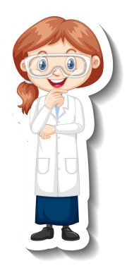 Çizgi film karakteri çıkartması. Üzerinde bilim elbisesi resimli bir kız var.