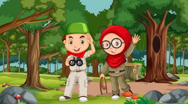 Alam Adegan Dengan Anak Anak Muslim Menjelajahi Hutan Ilustrasi - Stok Vektor