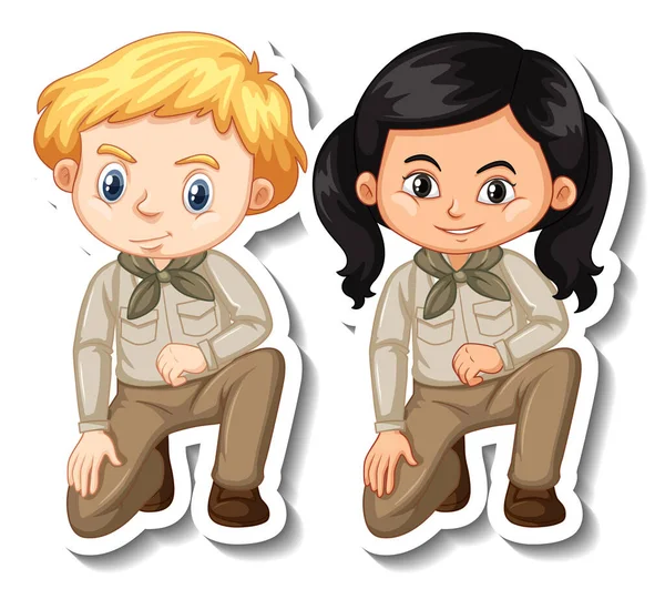 Paar Kinderen Safari Outfit Tekenfilm Karakter Sticker Illustratie — Stockvector