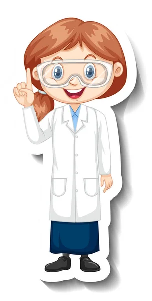 Desenhos Animados Personagem Adesivo Com Uma Menina Ciência Vestido Ilustração — Vetor de Stock