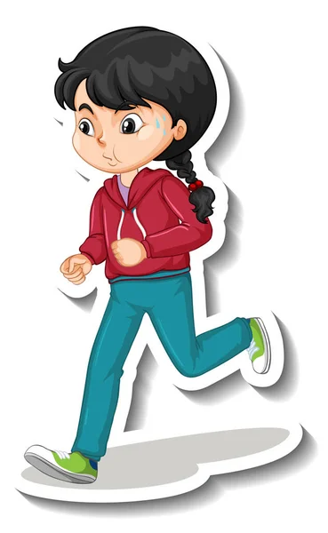 Cartoon Karakter Sticker Met Een Meisje Joggen Witte Achtergrond Illustratie — Stockvector