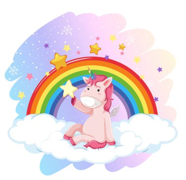 Gökyüzünde gökkuşağı resimli şirin tek boynuzlu at.