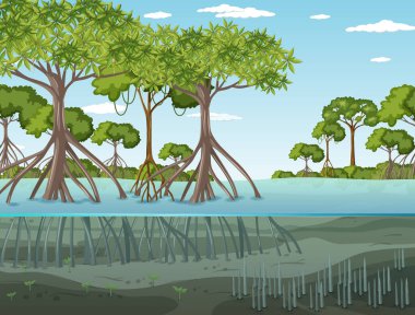 Mangrove orman manzarası gündüz illüstrasyonu