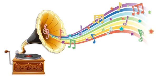 虹の波のイラストにメロディー記号付き蓄音機 — ストックベクタ