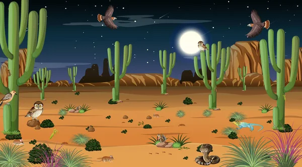 Desert forest landscape at night scene with desert animals and plants illustration