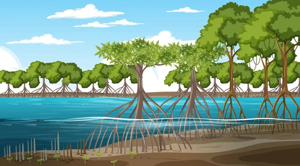 Mangrove Τοπίο Δάσος Σκηνή Την Ημέρα Πολλά Διαφορετικά Ζώα Εικονογράφηση — Διανυσματικό Αρχείο