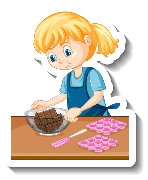 Uma Menina Com Chocolate Uma Tigela Desenho Animado Etiqueta Ilustração —  Vetores de Stock