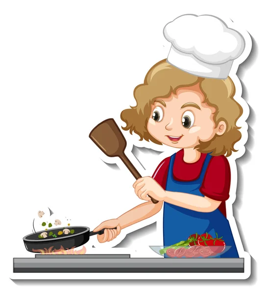 Aufkleber Design Mit Koch Mädchen Kochen Essen Cartoon Figur Illustration — Stockvektor