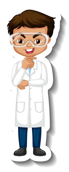 卡通人物贴纸 上有一个身着科学长袍的男孩 — 图库矢量图片