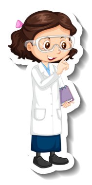 Çizgi film karakteri çıkartması. Üzerinde bilim elbisesi resimli bir kız var.