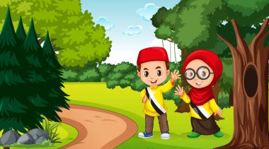 Brunei 'li çocuklar orman resimlerinde geleneksel kıyafetler giyerler.