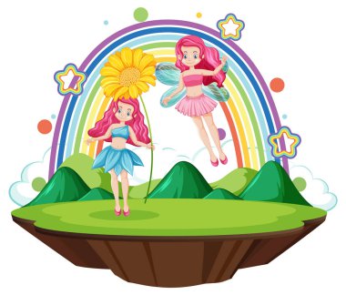 Beyaz arkaplanda gökkuşağı resmi olan güzel periler.