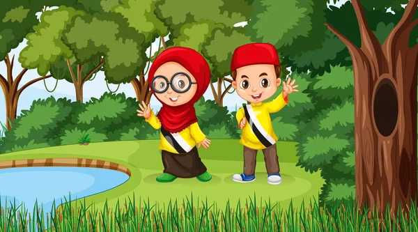 Anak Anak Brunei Mengenakan Pakaian Tradisional Dalam Lukisan Pemandangan Hutan - Stok Vektor