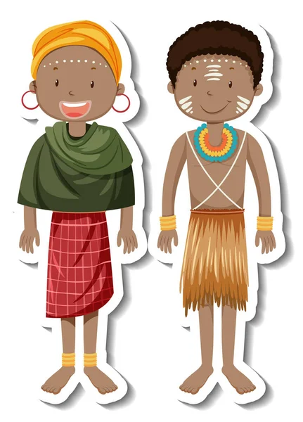 Africa Tribal Pareja Dibujos Animados Carácter Pegatina Ilustración — Vector de stock