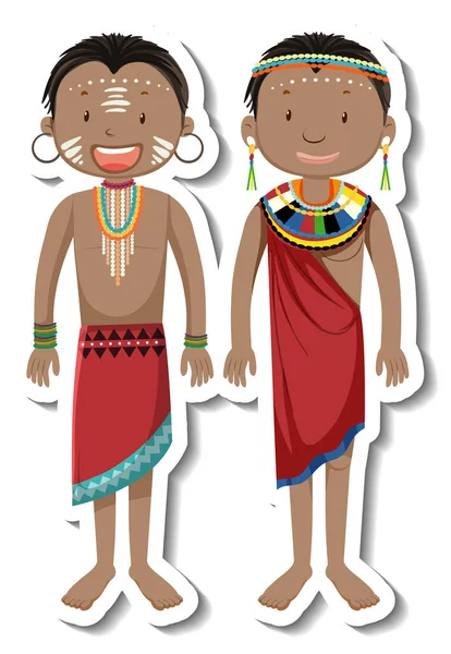 Africa Tribal Pareja Dibujos Animados Carácter Pegatina Ilustración — Vector de stock