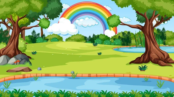 Fondo Escena Naturaleza Con Arco Iris Cielo Ilustración — Vector de stock