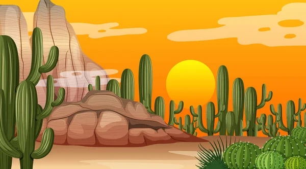 Krajobraz Lasu Pustynnego Zachodzie Słońca Sceny Wielu Kaktusów Ilustracji — Wektor stockowy