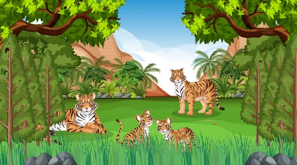 Família Tigre Cena Floresta Floresta Tropical Com Muitas Árvores Ilustração — Vetor de Stock