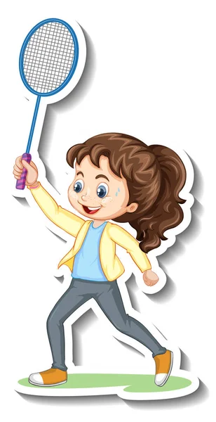 Tekenfilm Karakter Sticker Met Een Meisje Spelen Badminton Illustratie — Stockvector
