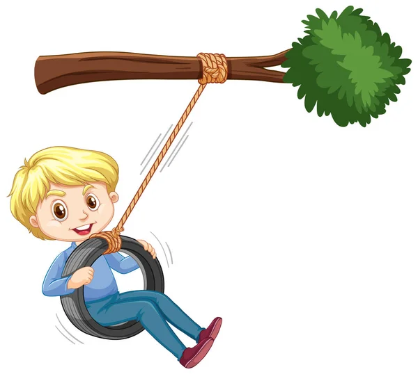 Niño Jugando Swing Neumático Debajo Rama Ilustración Fondo Blanco — Vector de stock