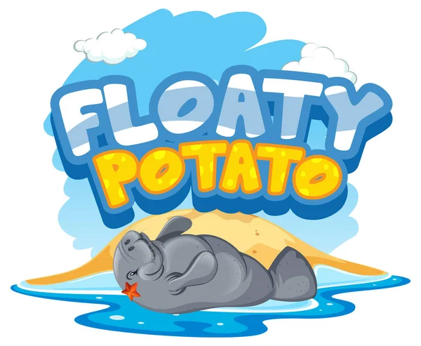 Floaty Banner Czcionek Ziemniaka Manatee Lub Sea Krowy Postać Kreskówki — Wektor stockowy