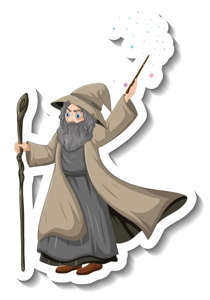 Old Wizard Holding Staff Wand Cartoon Character Sticker Illustration — Stock Vector