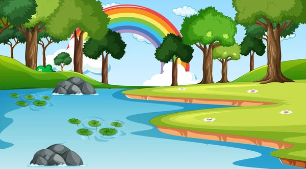 Naturszene Hintergrund Mit Regenbogen Himmel Illustration — Stockvektor