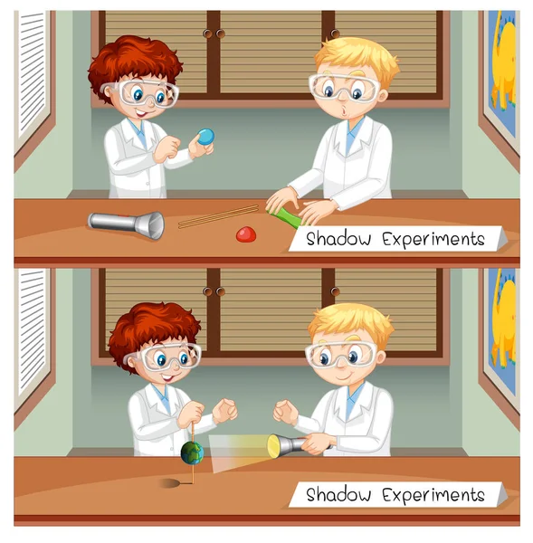 Experimento Sombras Con Ilustración Personajes Dibujos Animados Para Niños Científicos — Vector de stock