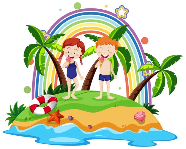 Arcobaleno Sull Isola Con Illustrazione Bambini — Vettoriale Stock