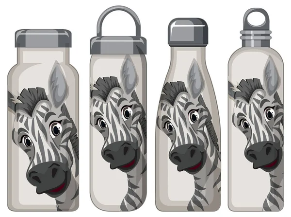 Set Diverse Bottiglie Thermos Con Illustrazione Modello Zebra — Vettoriale Stock