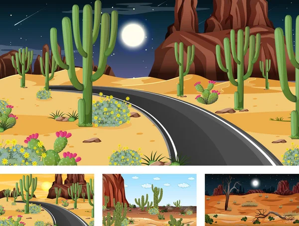 Vier Verschillende Woestijn Bos Landschap Scènes Met Verschillende Woestijn Planten — Stockvector