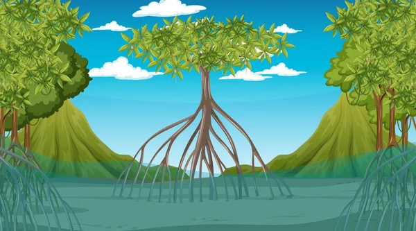 Mangrove Ormanı Nın Gündüz Karikatür Tarzı Illüstrasyonunda Doğa Sahnesi — Stok Vektör