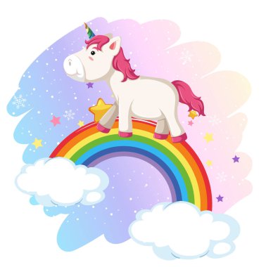 Gökyüzünde gökkuşağı resimli şirin tek boynuzlu at.