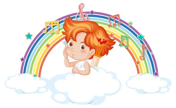 Cupido Ragazzo Sulla Nuvola Con Simboli Della Melodia Arcobaleno Illustrazione — Vettoriale Stock