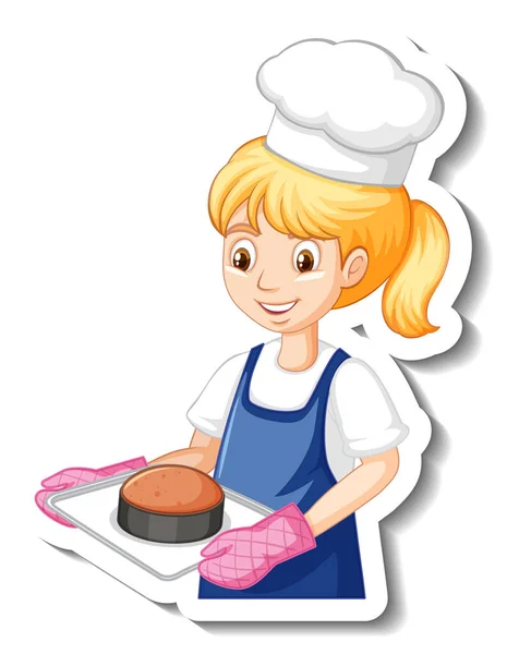 Chef Girl Holding Baked Tray Cartoon Character Sticker Illustration — Stock Vector