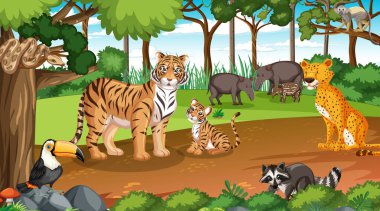 Vahşi hayvanlar orman sahnesinde birçok ağaç çizimi var.